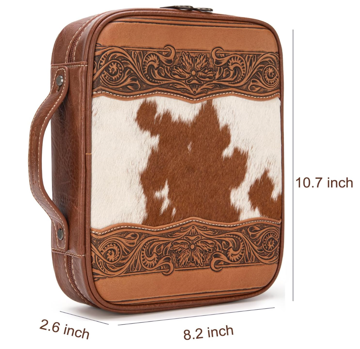 Brown leather and cowhide patterned case with decorative embossing, showing dimensions on a white background.