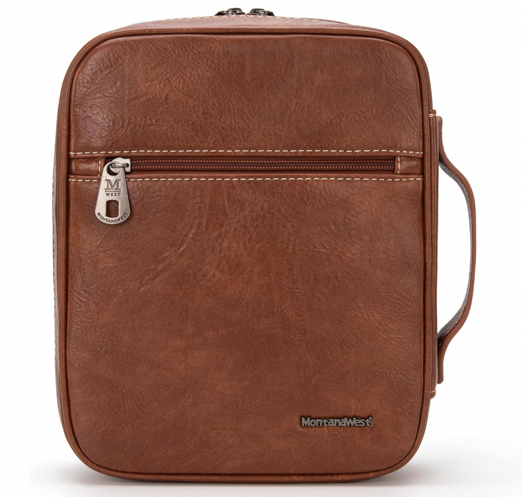 Brown leather bag with a visible brand logo on a white background