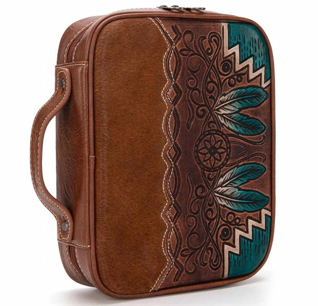 Brown leather briefcase with intricate embossed design on a white background
