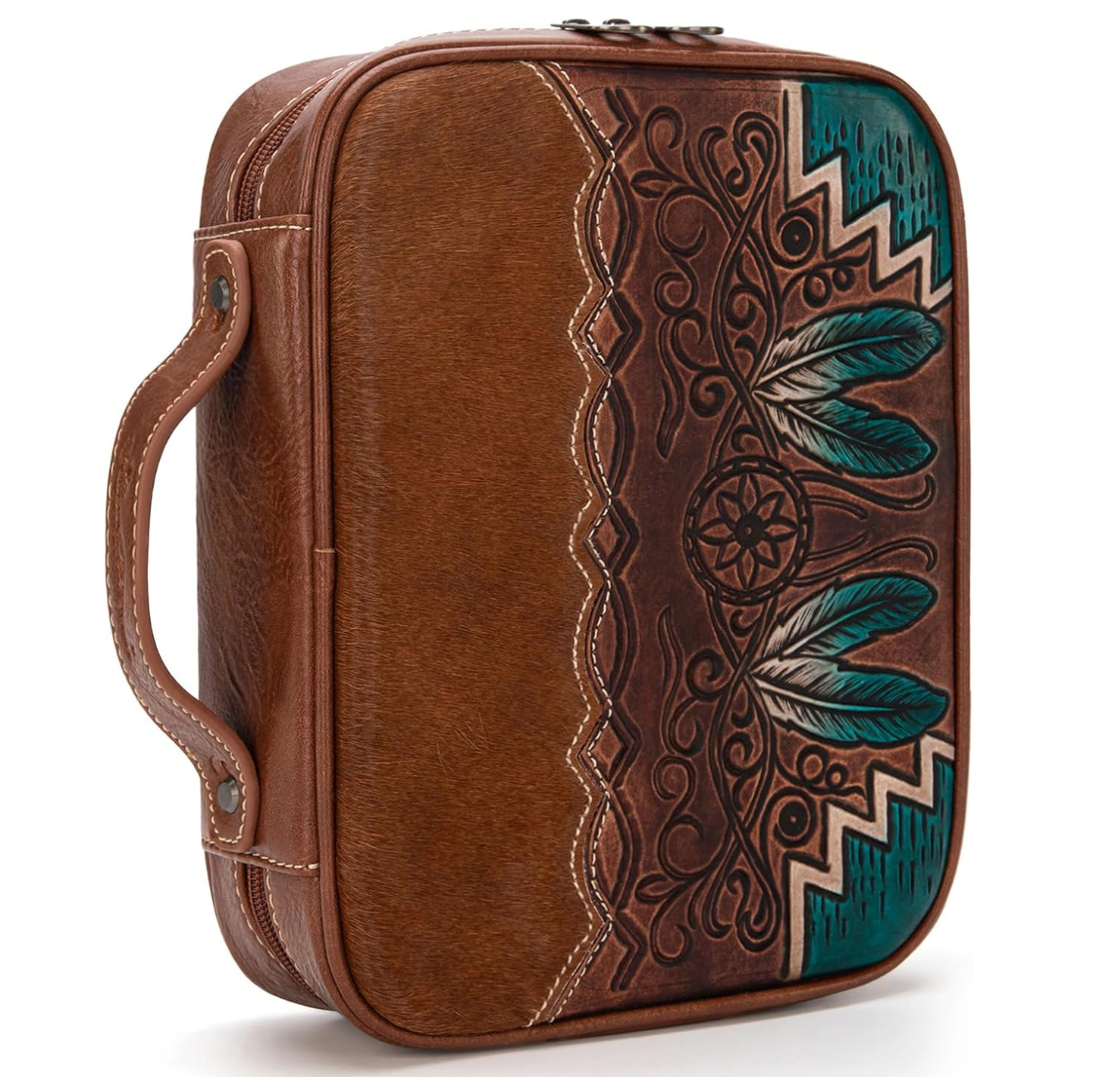 Brown leather briefcase with intricate embossed design on a white background