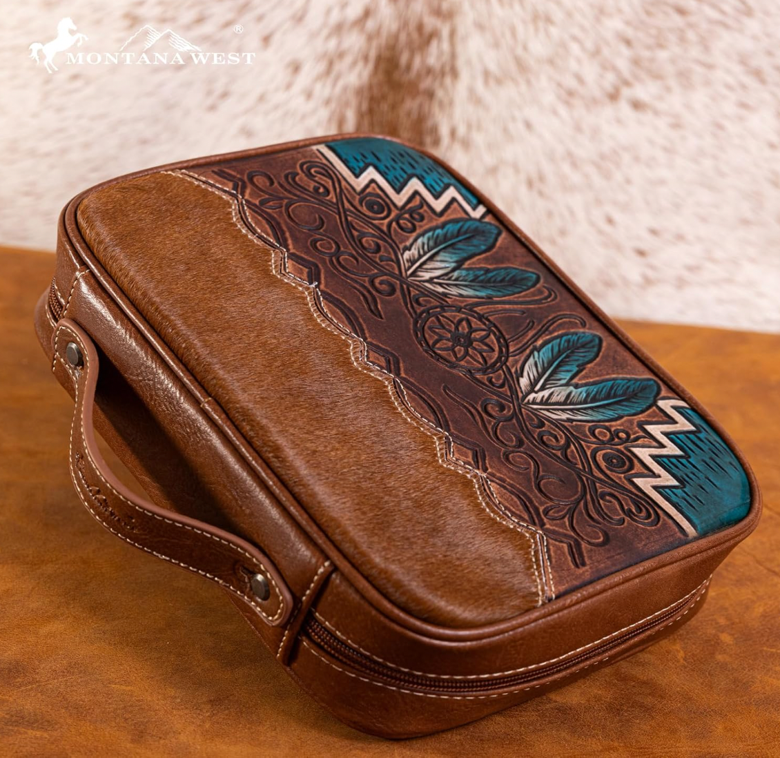 Brown leather case with intricate designs on a wooden surface