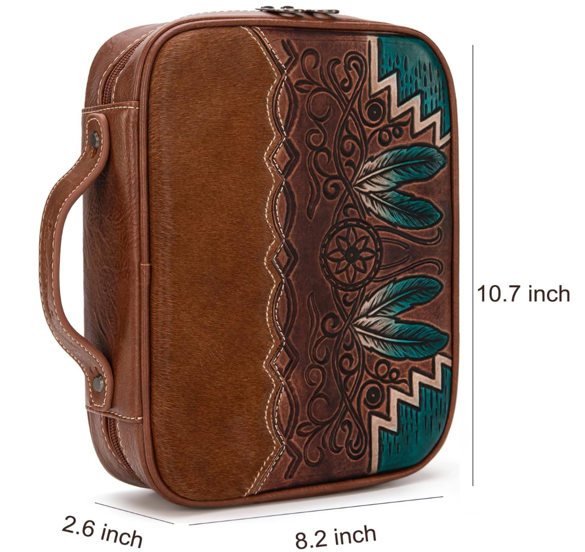 Brown leather case with intricate designs on a white background