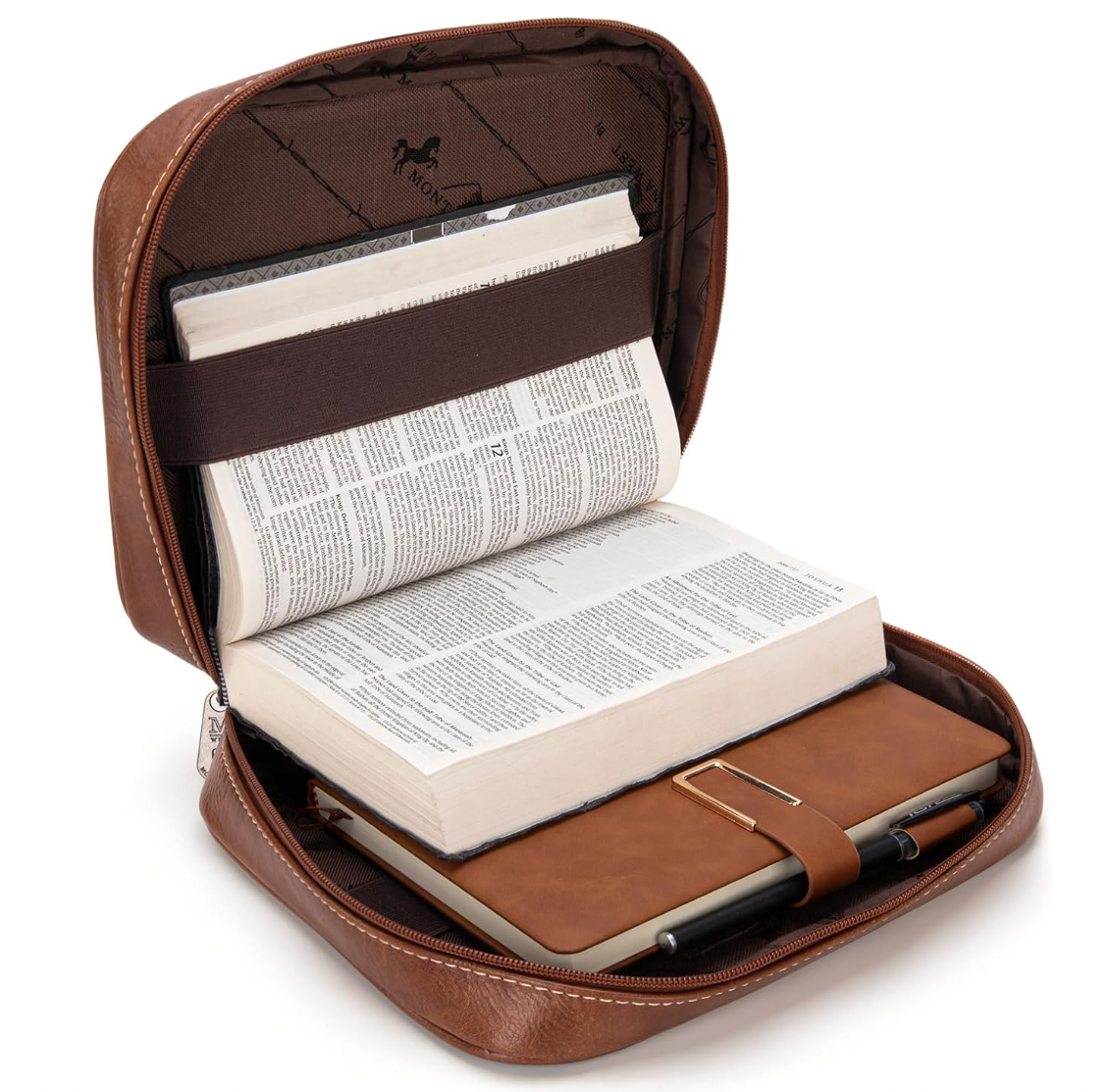Brown leather case with an open book inside on a white background