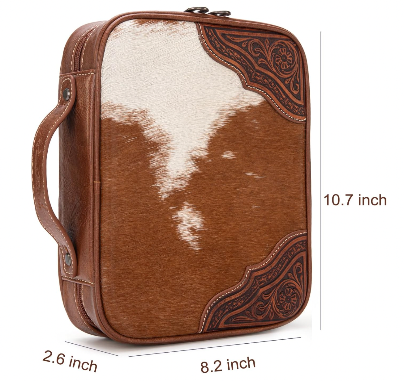 Brown leather case with cowhide pattern and intricate designs, shown with measurements on a white background.