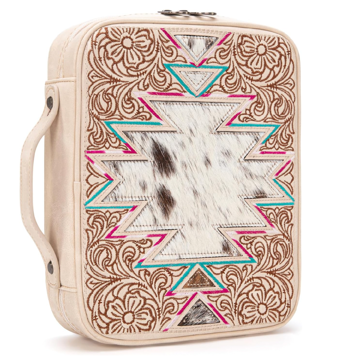 Leather-bound notebook with tribal pattern on a white background