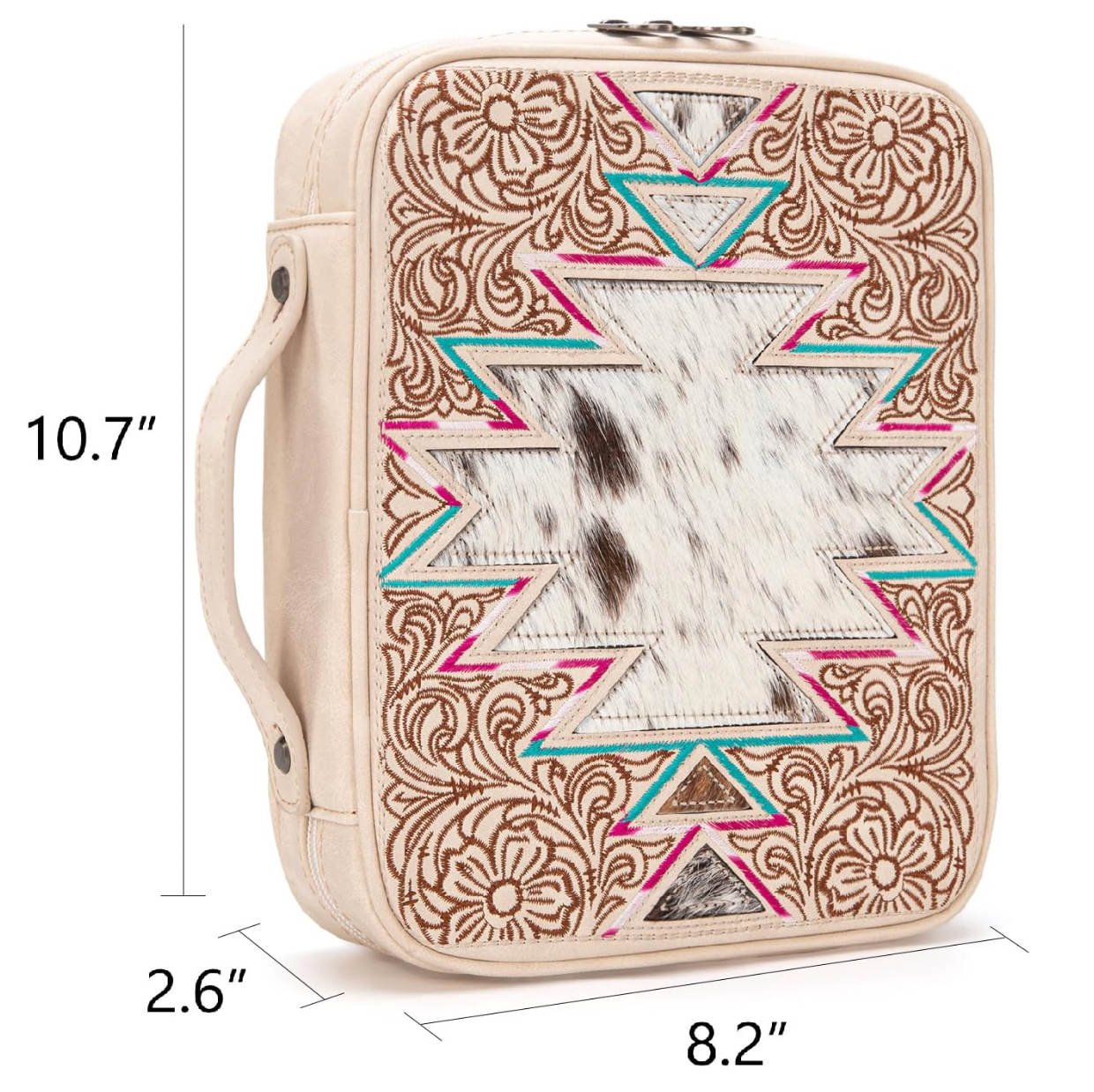 Pouch with decorative patterns and measurements on a white background