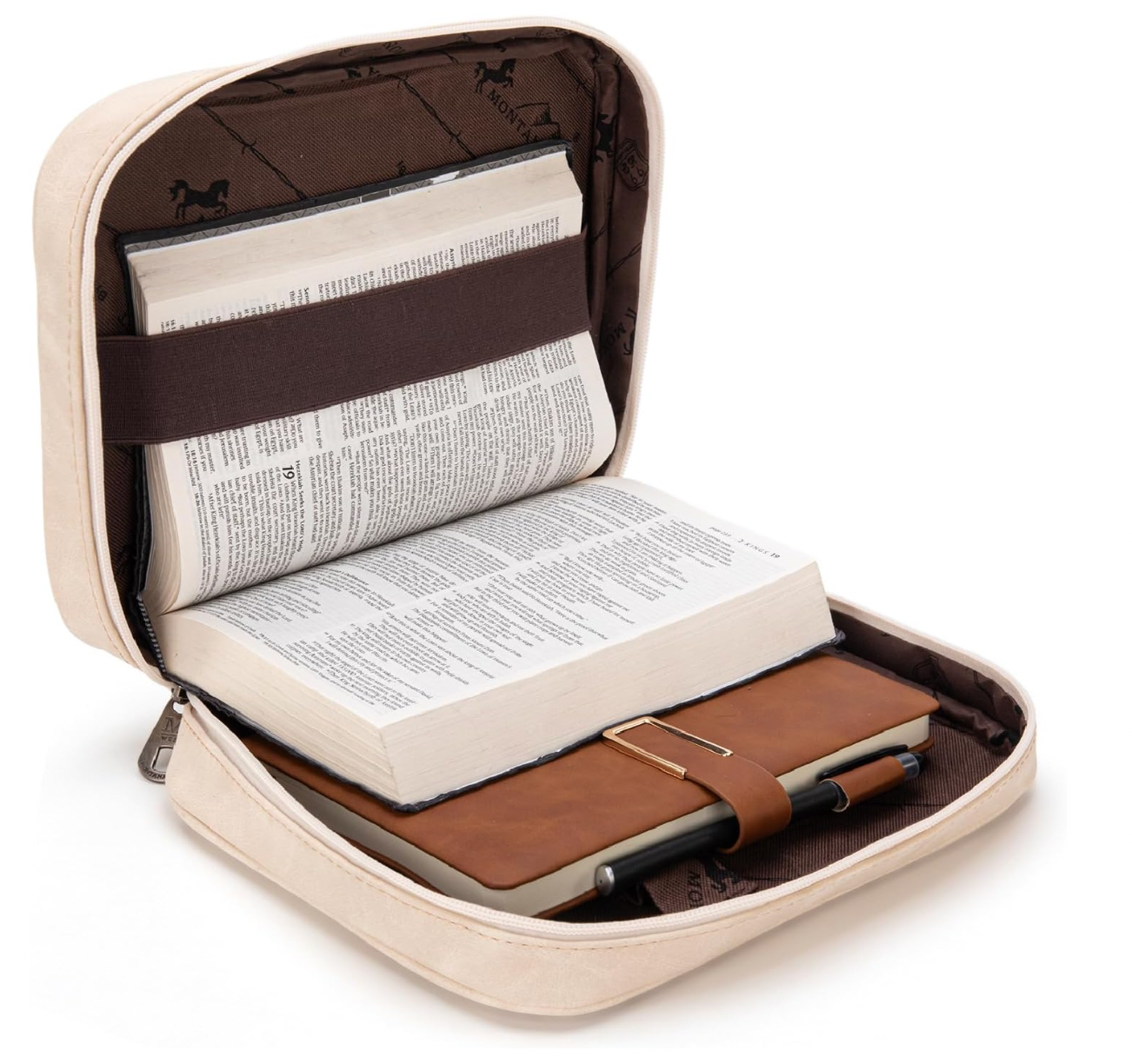 Open beige book bag with a book inside on a white background