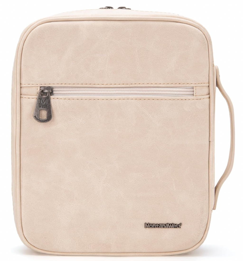 Beige travel bag with a zipper on a white background