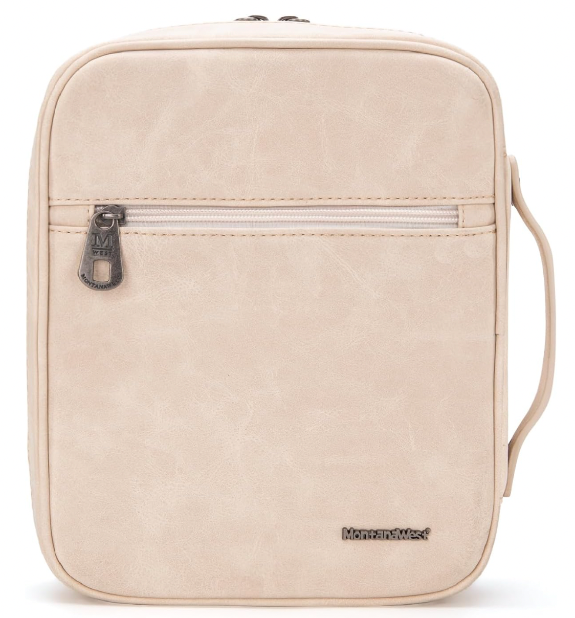 Beige travel bag with a zipper on a white background