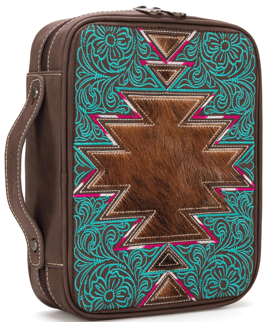 Leather bag with tribal design and turquoise pattern on a white background