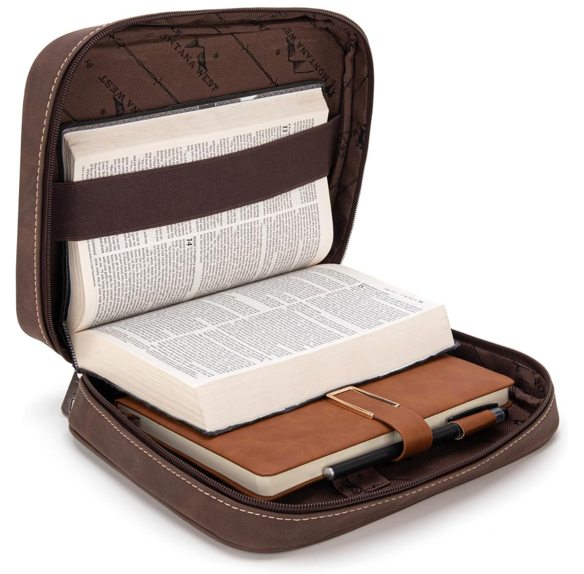 Brown leather book sleeve with an open book inside on a white background