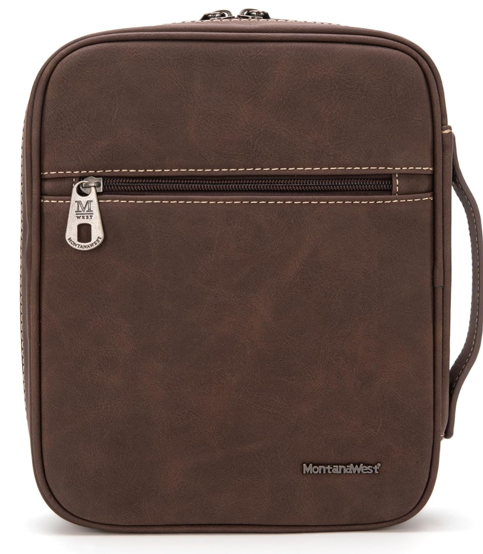 Brown leather bag with a visible brand logo on a white background