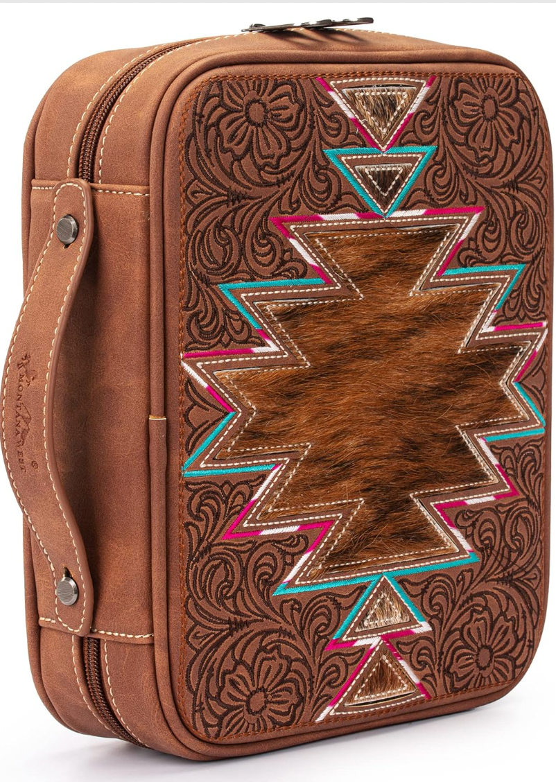 Brown leatherbook case with intricate patterns and designs on a white background