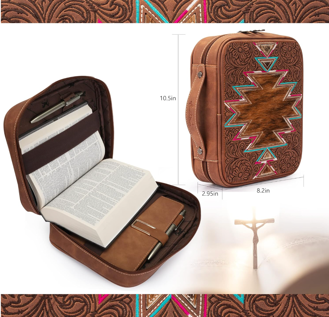Brown leather case with book and pen, featuring intricate patterns, on a white background.