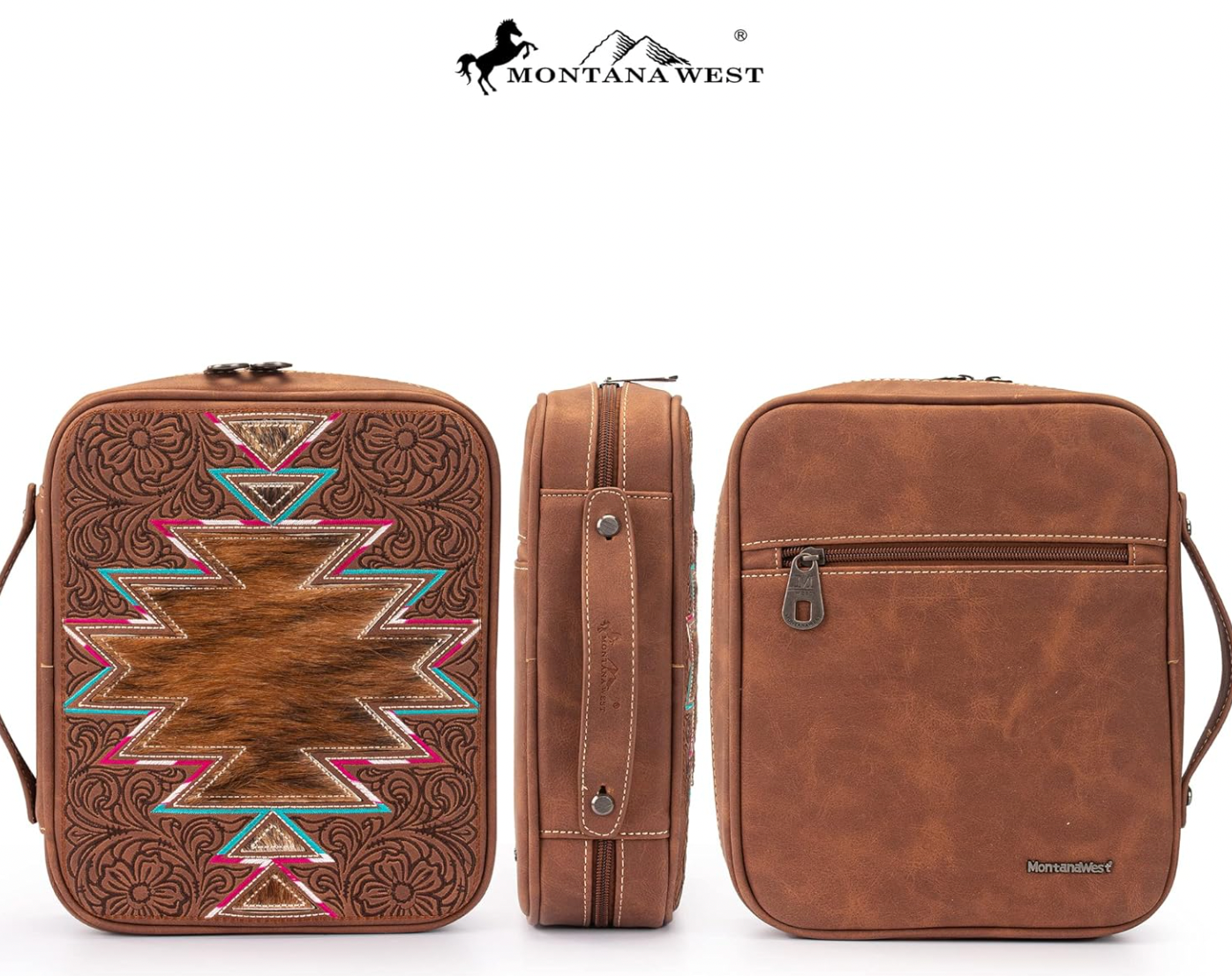 Brown leather bag with tribal design and Montana West logo on a white background