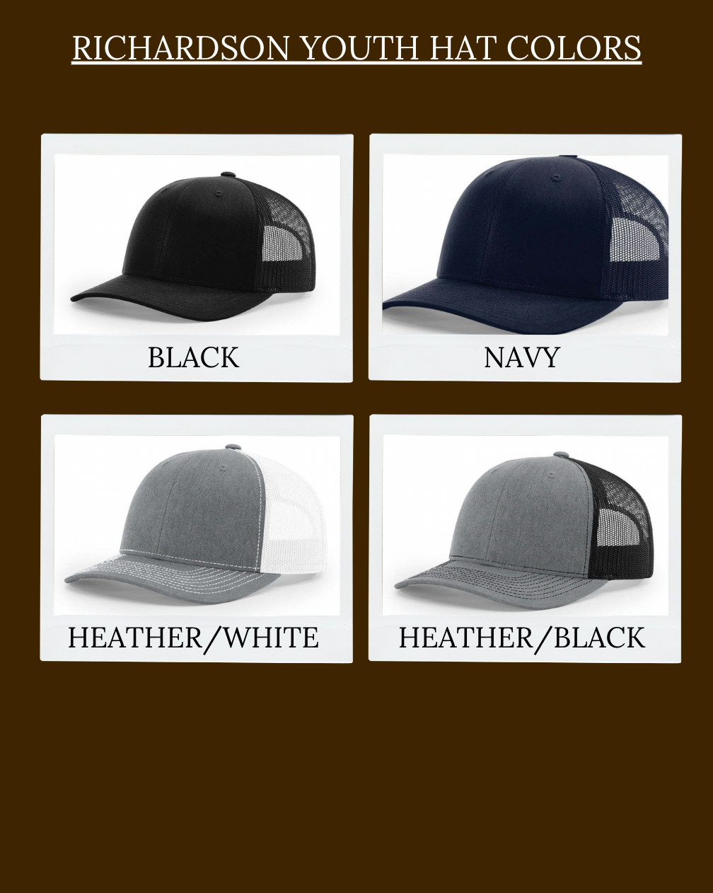 Four Richardson youth hats in black, navy, heather white, and heather black on a brown background.
