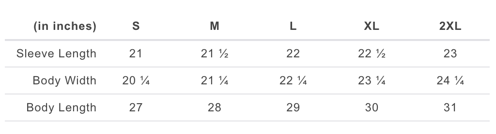 Table displaying sleeve length, body width, and body length measurements in inches for sizes S to 2XL.
