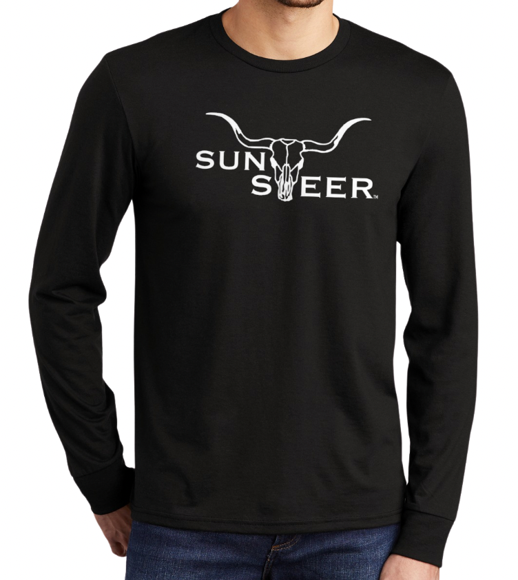 Black long-sleeve shirt with 'Sun Steer' logo on a white background