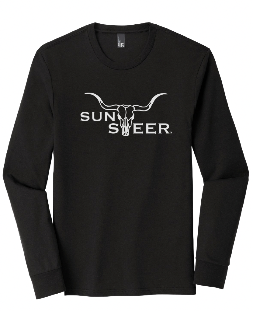 Black long-sleeve shirt with 'Sun Steer' logo on a white background