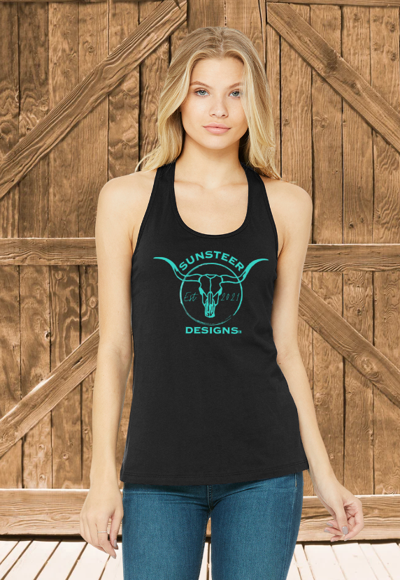 Woman wearing a black tank top with a logo and text in front of wooden panels