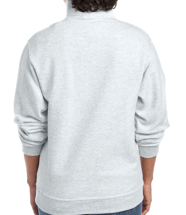 Person wearing a gray sweatshirt with a white background