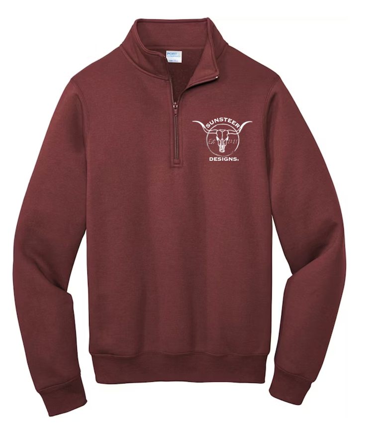 Brown quarter-zip sweatshirt with a logo on a white background
