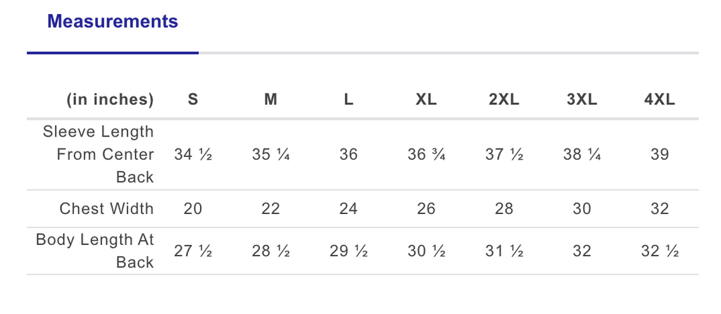 Measurement chart for sleeve length, chest width, and body length at the back in inches.