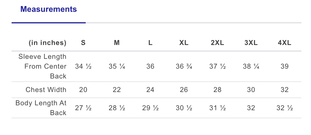 Measurement chart for sleeve length, chest width, and body length at the back in inches.