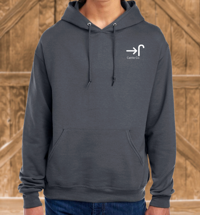 Person wearing a dark gray hoodie with a logo on a wooden background