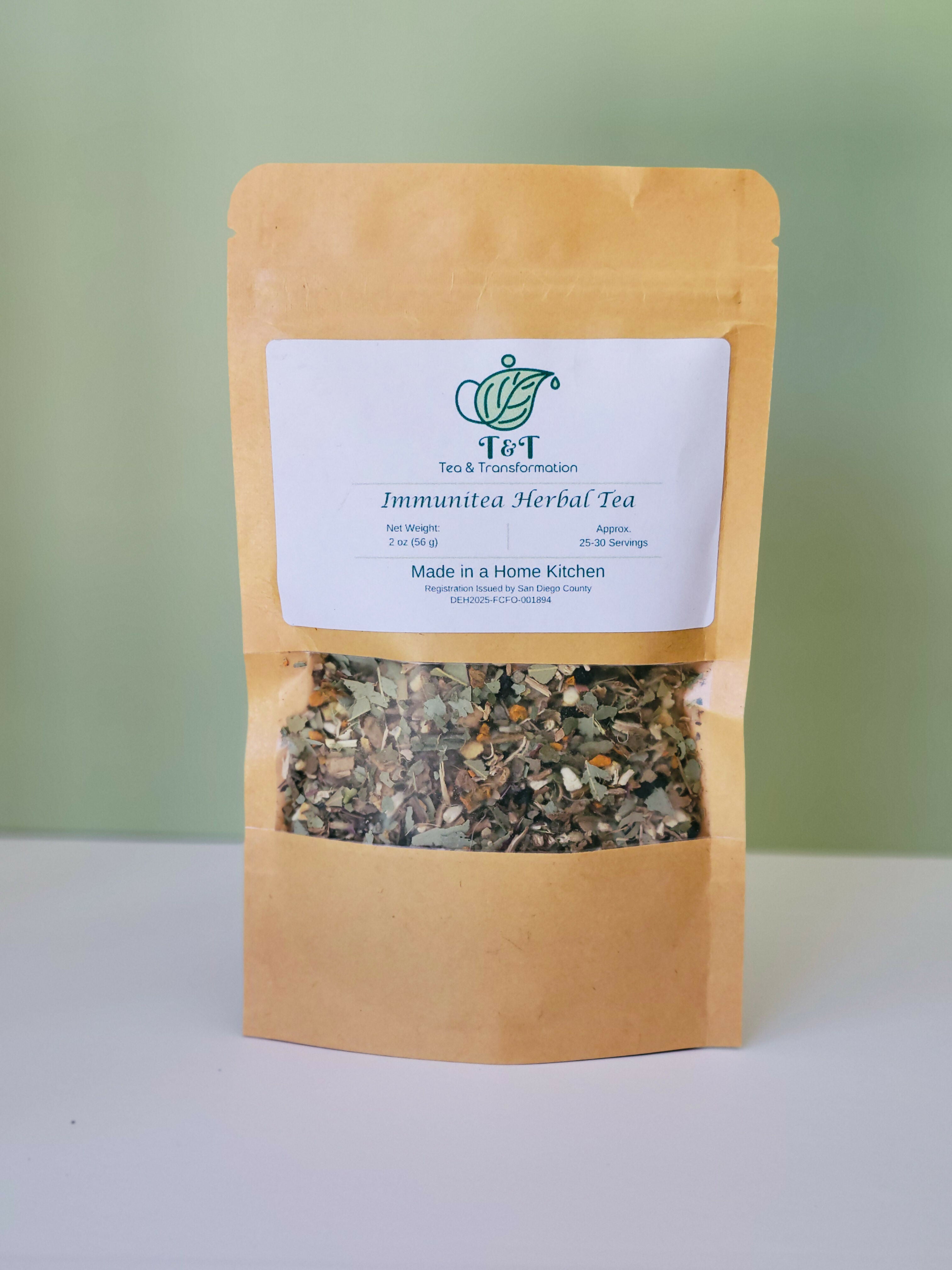 Immunitea Herbal Tea in a brown tea bag with labels