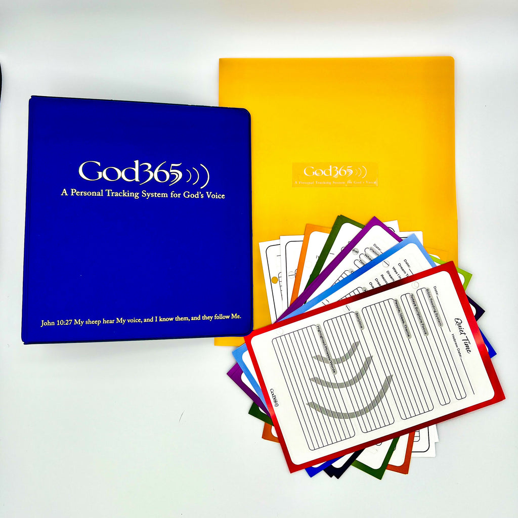Blue Standard D Ring Binder with Gold Embossed God365 Logo Two Pocket, Gold Plastic Two Pocket Travel Folder, 15 Tracking Pages for Hearing God's Voice, Word of the Year Page, Quiet Time Page, Dream Page, Vision Page, Prophetic Word Page, Other Ways of Hearing Page, Page Continued, Journal Page, Monthly Tab Dividers, 12 Index Pages for each Month, Welcome Card from Developer and 3 Ring Plastic Pencil Pouch