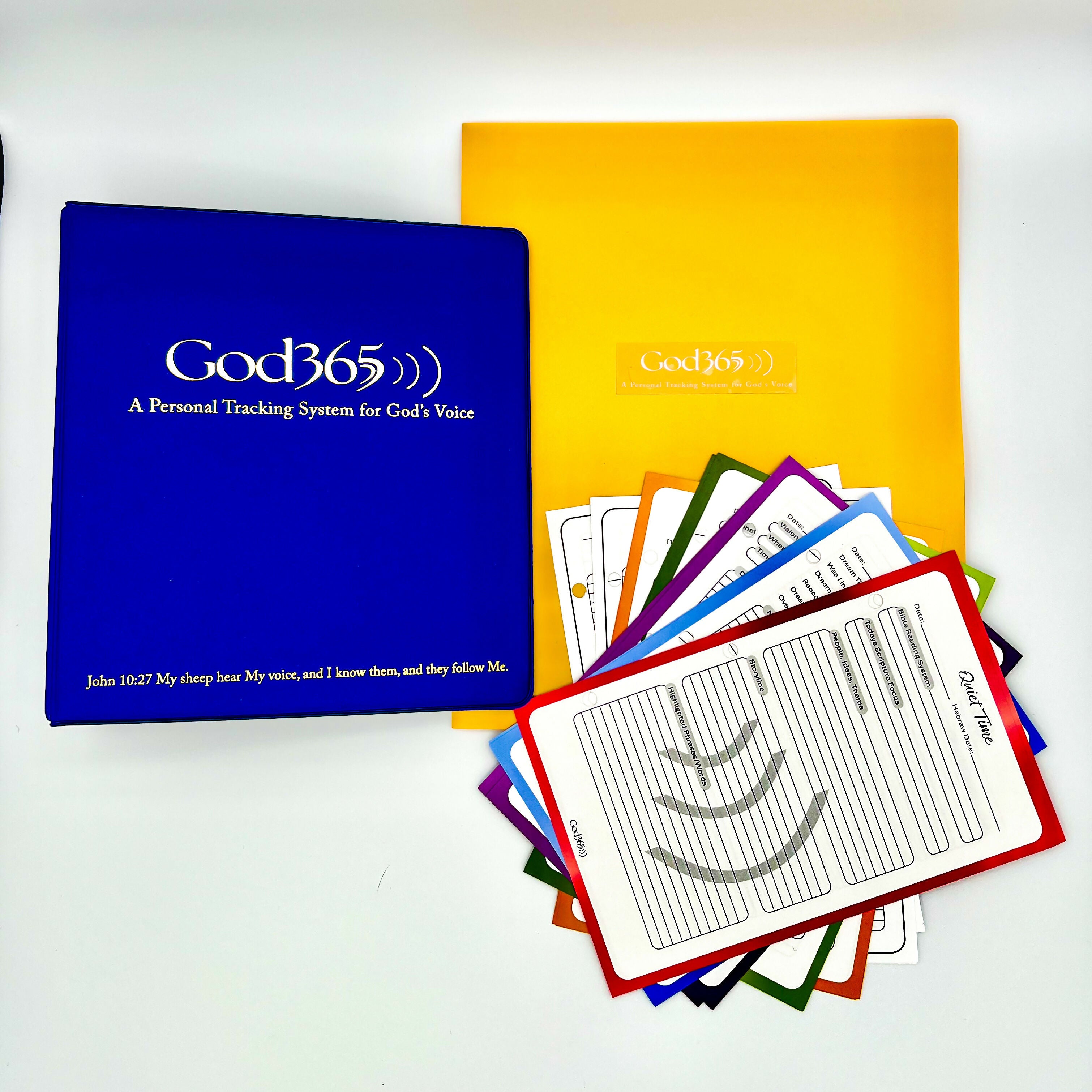 Blue Standard D Ring Binder with Gold Embossed God365 Logo Two Pocket, Gold Plastic Two Pocket Travel Folder, 15 Tracking Pages for Hearing God's Voice, Word of the Year Page, Quiet Time Page, Dream Page, Vision Page, Prophetic Word Page, Other Ways of Hearing Page, Page Continued, Journal Page, Monthly Tab Dividers, 12 Index Pages for each Month, Welcome Card from Developer and 3 Ring Plastic Pencil Pouch