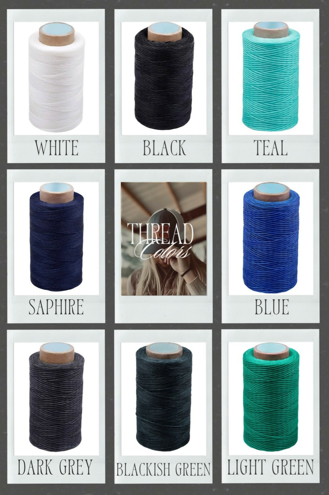 Grid of thread colors in various colors on a brown background