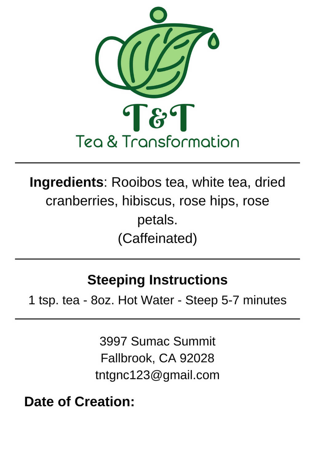 Partea Roobios Tea back label on white background with logo & description