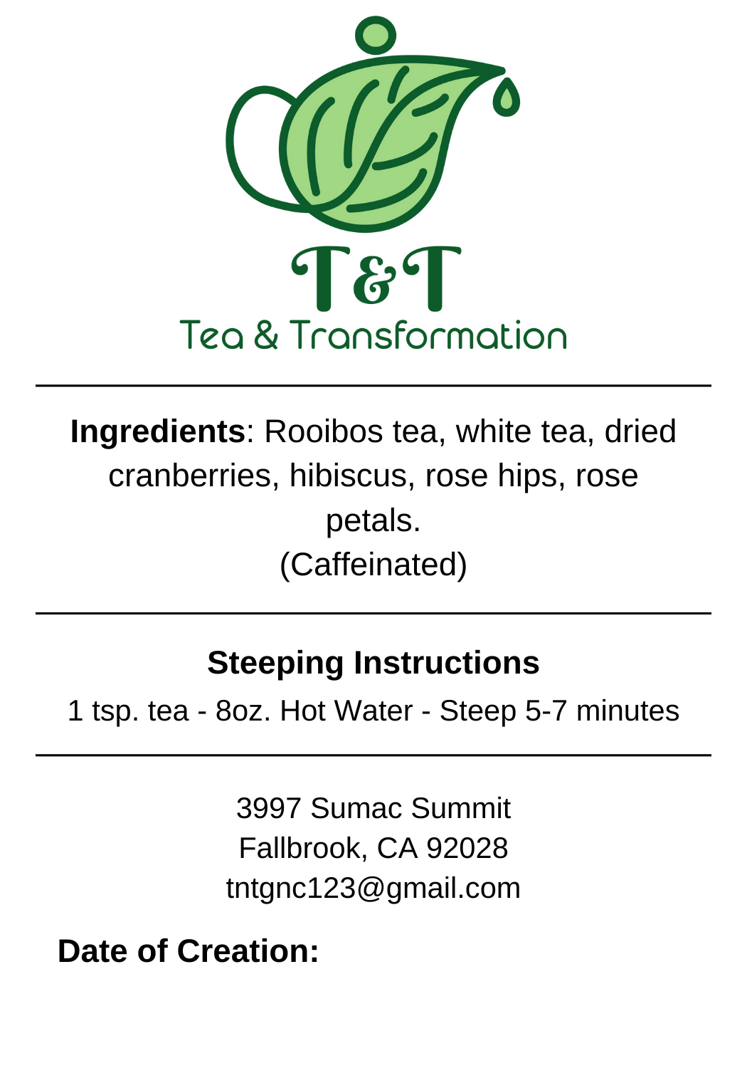 Partea Roobios Tea back label on white background with logo & description
