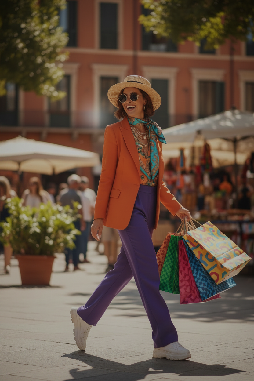 Woman in colorful outfit walking with shopping bags in an outdoor market setting