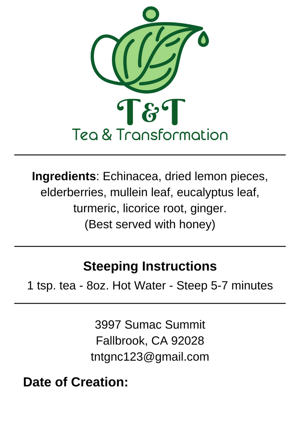 Immunitea Herbal Tea back label on white background with logo & description
