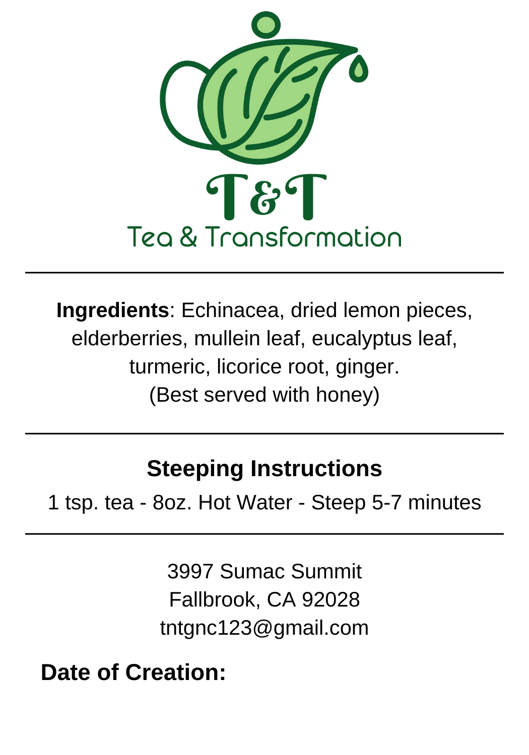 Immunitea Herbal Tea back label on white background with logo & description