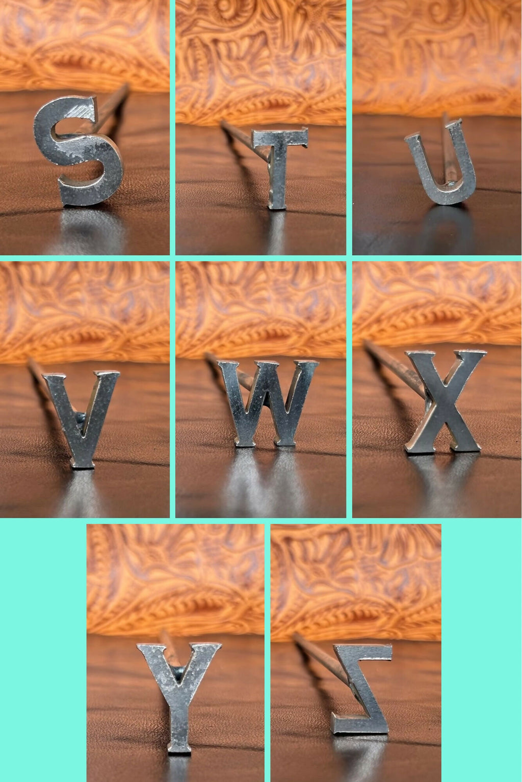 Grid of various letter irons on a teal background.