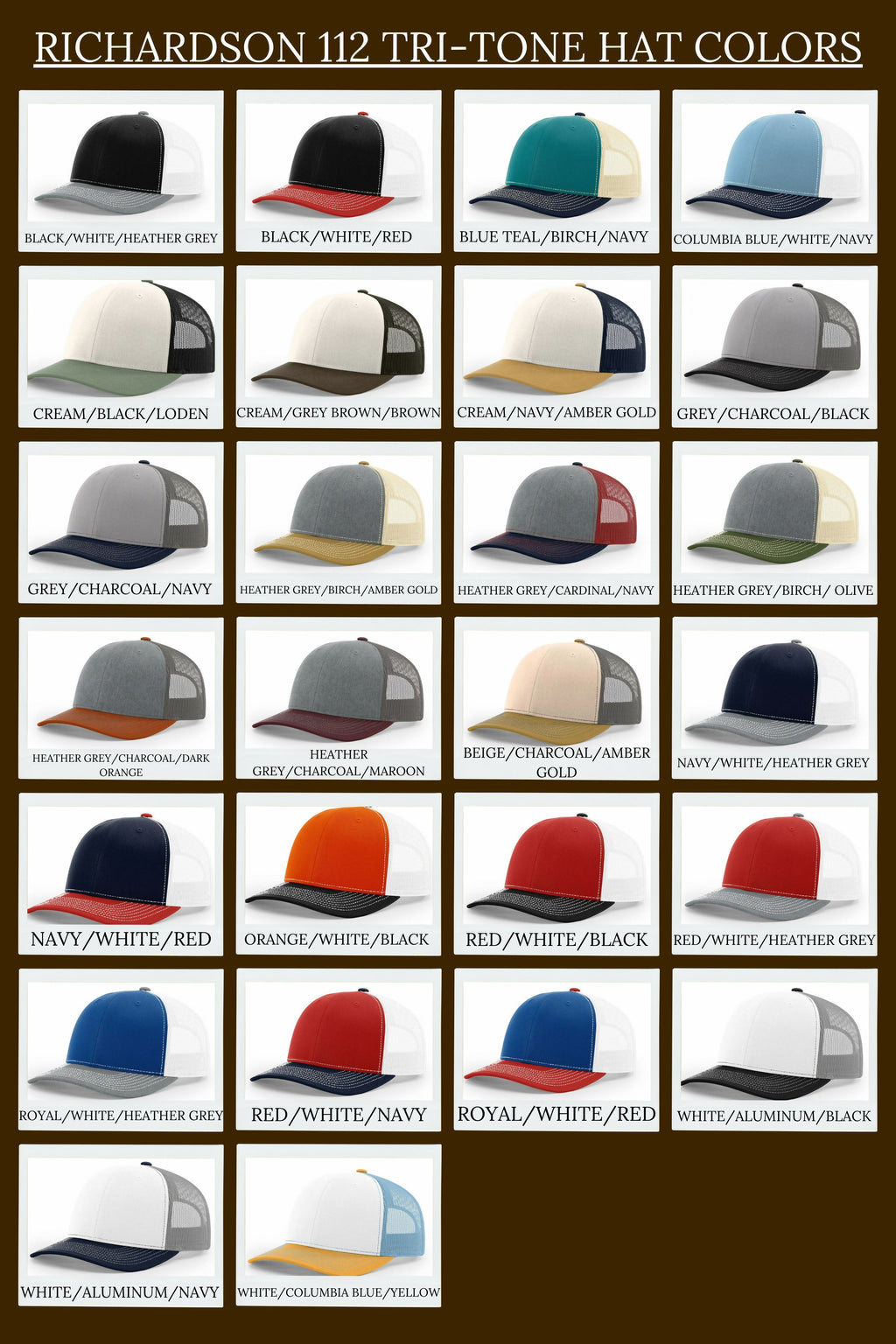 Grid of various colored caps with different color combinations on a brown background