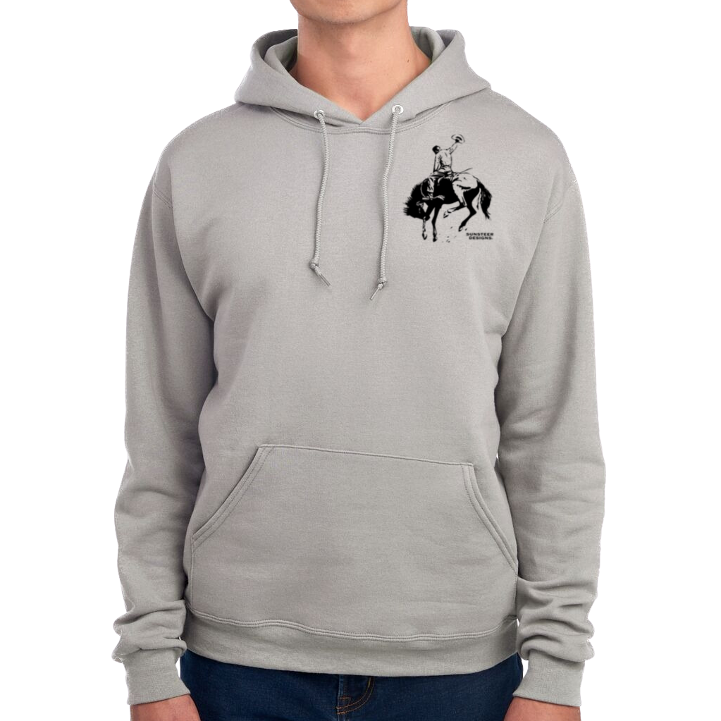 Gray hoodie with a graphic design on the chest against a white background