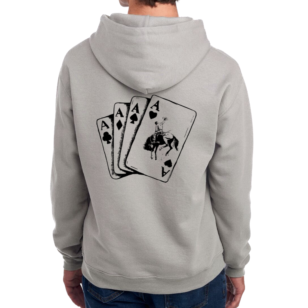 Gray hoodie with playing card design on the back, worn by a person.