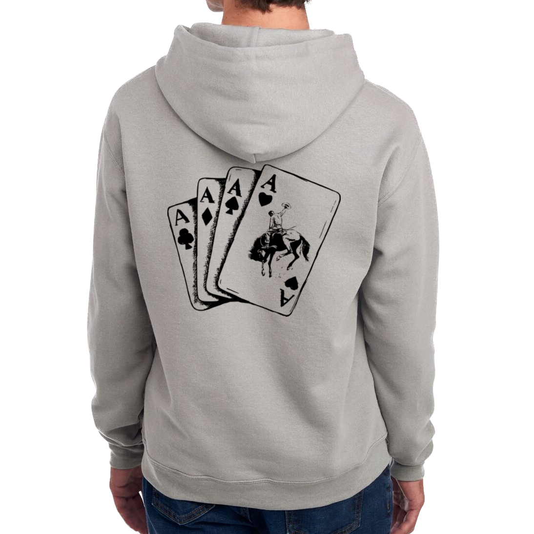 Gray hoodie with playing card design on the back, worn by a person.