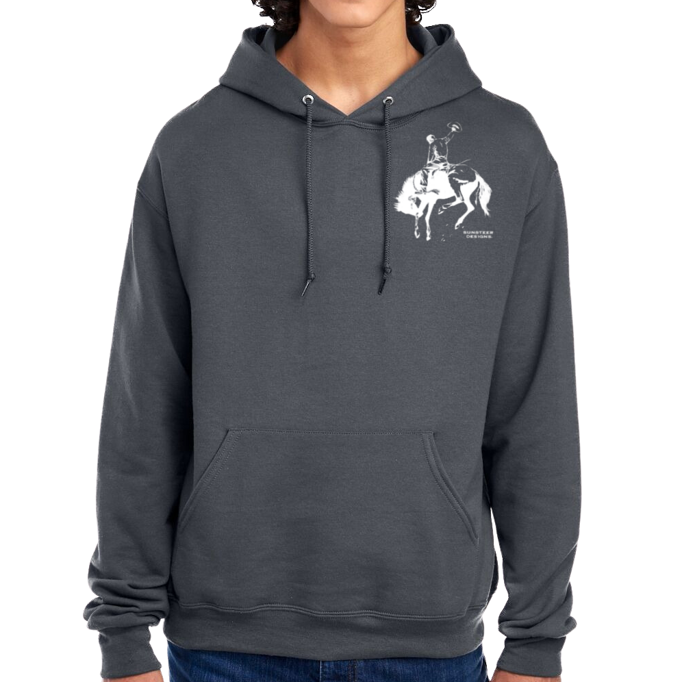 Person wearing a dark gray hoodie with a white graphic on a white background