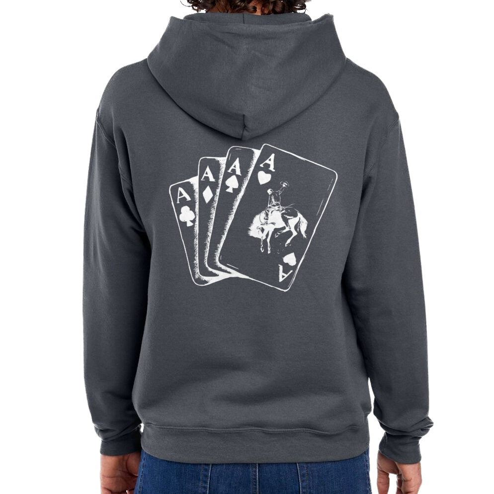Person wearing a gray hoodie with a card design on the back, standing against a white background