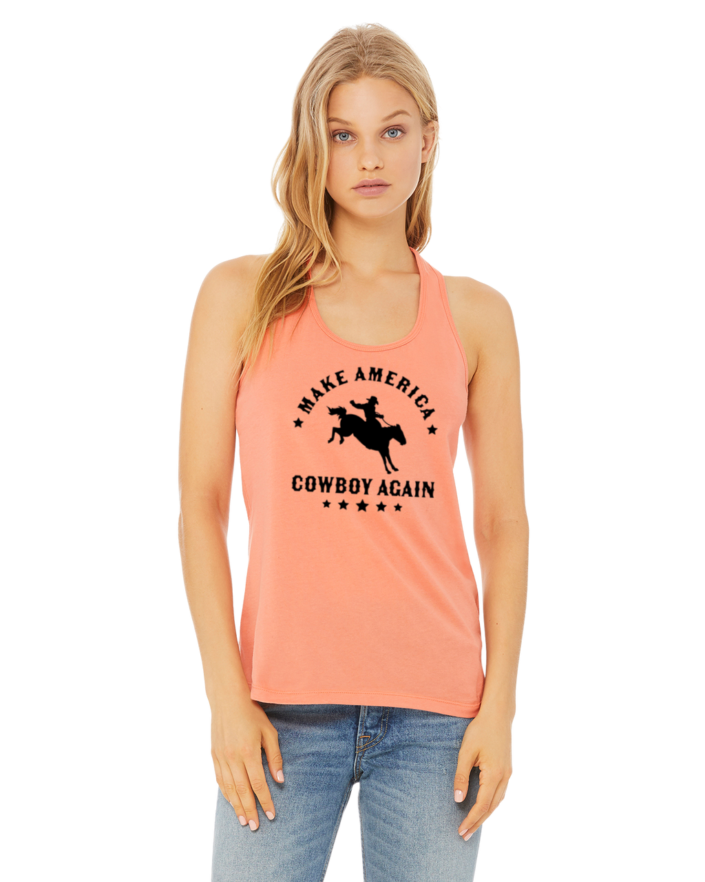 Woman wearing a peach tank top with 'Make America Cowboy Again' text and graphic.
