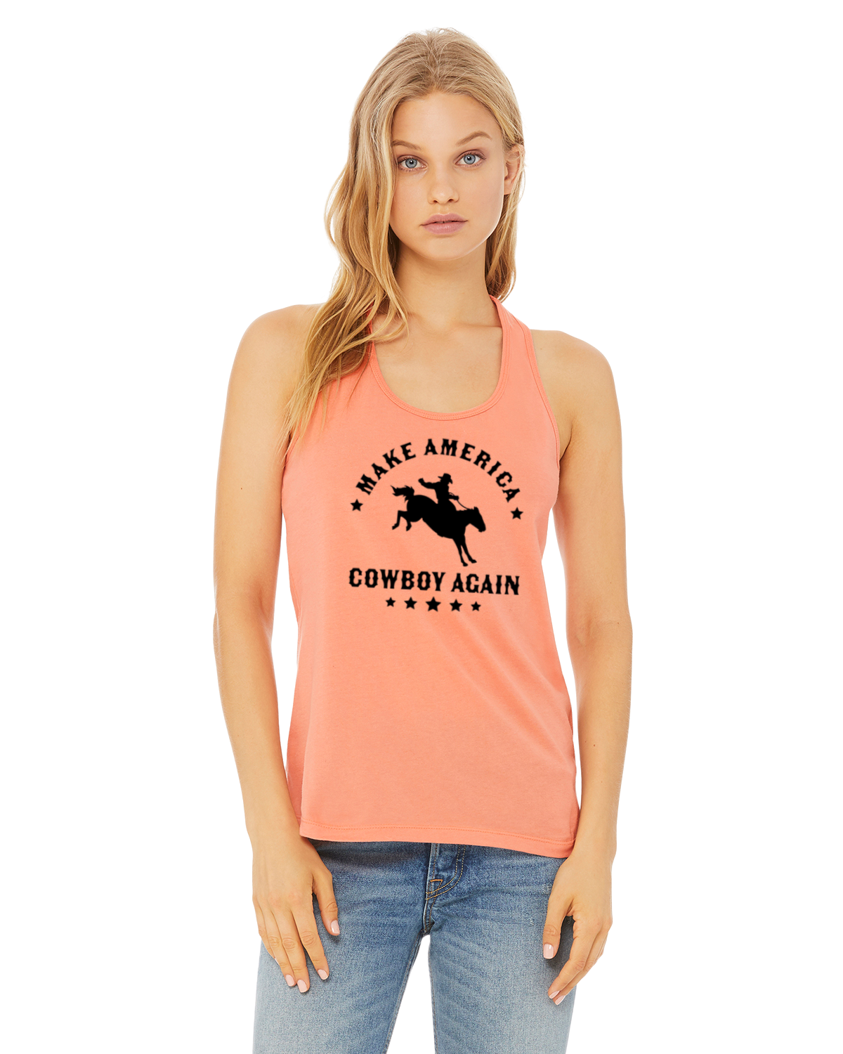 Woman wearing a peach tank top with 'Make America Cowboy Again' text and graphic.
