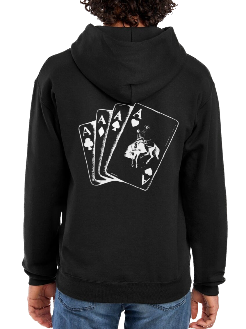 Black hoodie with playing card design on the back, worn by a person.