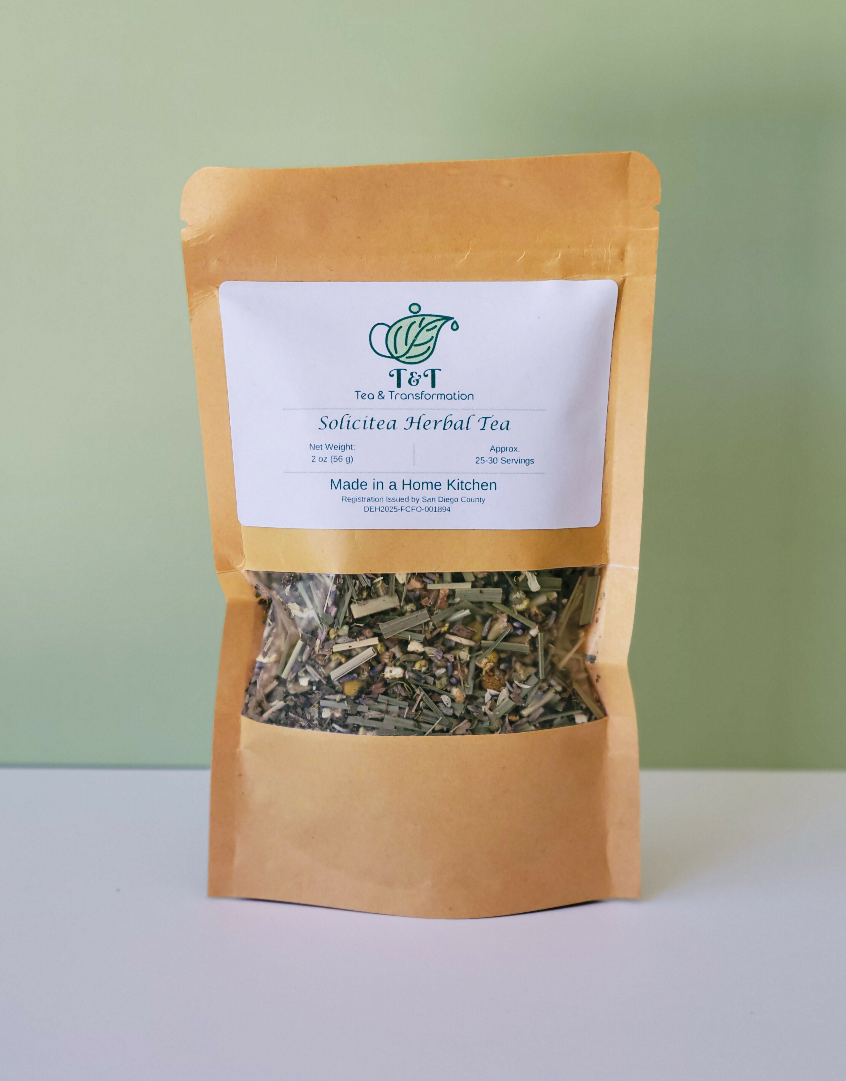 Solicitea Herbal Tea in a 2oz bag on a green & white background