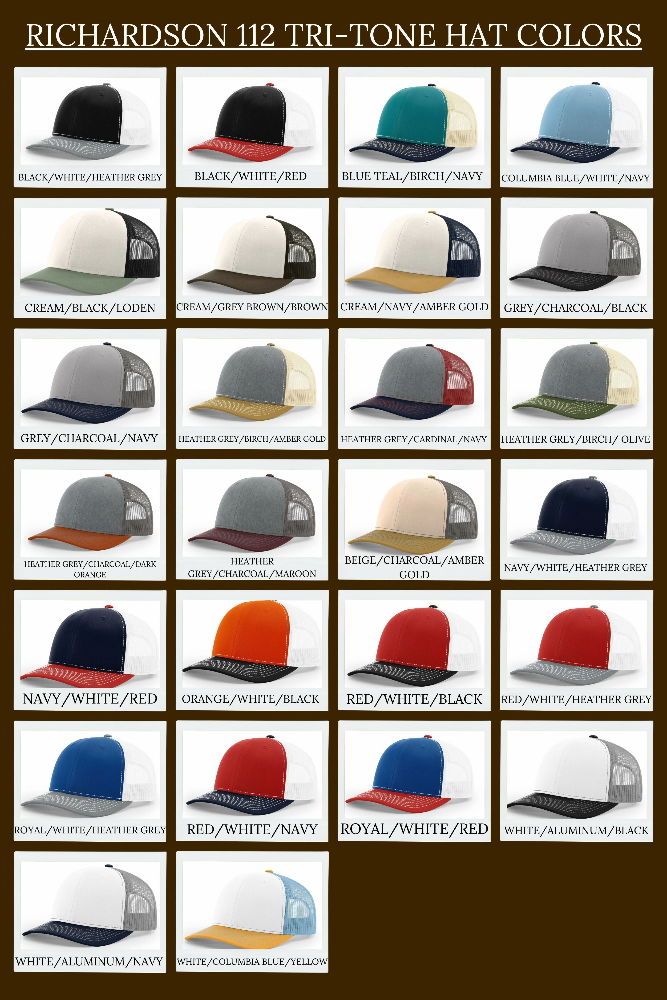 Grid of various colored caps with different color combinations on a brown background
